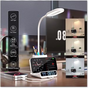 LED Desk Lamp with Wireless Charger, Clock & USB-C Port