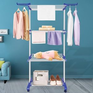 4-Tier Stainless Steel Clothes Drying Rack with Wheels Gray Blue
