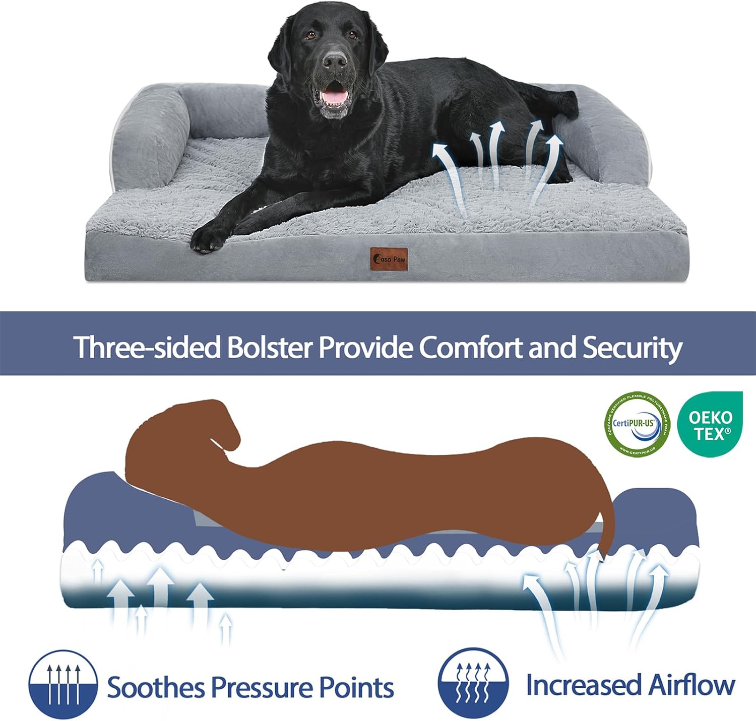 Orthopedic Dog Bed XL 45x35in, Washable, Non-Slip, Grey - Image 2