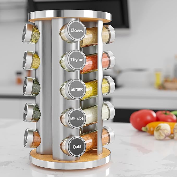 20-Jar Rotating Spice Rack Organizer with Labels & Funnel - Image 3