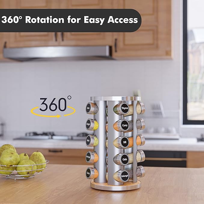 20-Jar Rotating Spice Rack Organizer with Labels & Funnel - Image 4