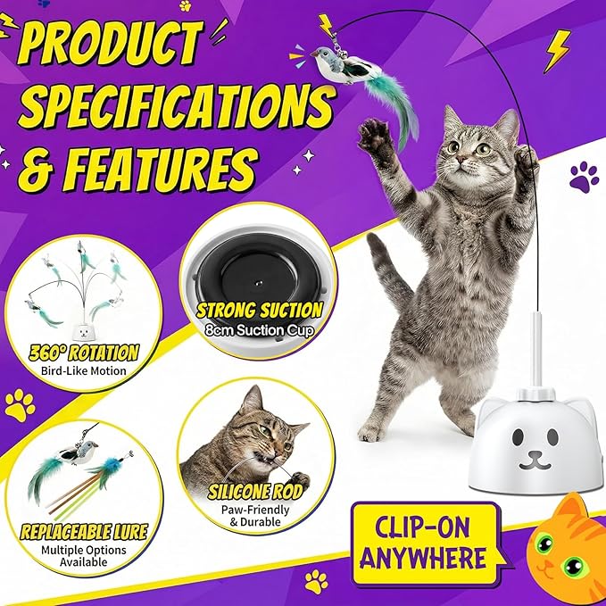 Interactive Cat Toy, USB Rechargeable Flying Bird Feather Wand - Image 3